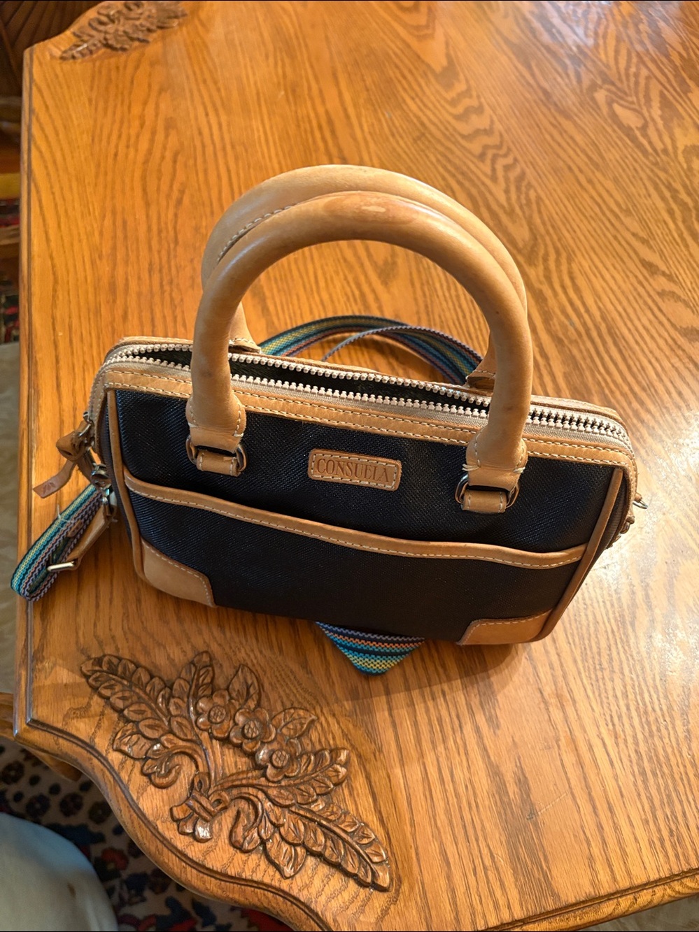 Consuela Black and Tan Crossbody Satchel with Striped Strap - Picture 6 of 6